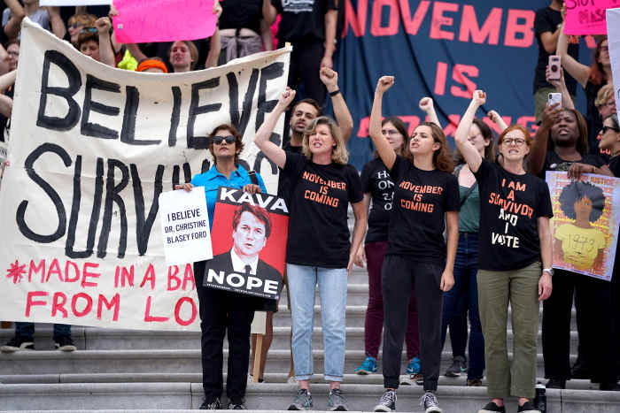 Anti-Kavanaugh protesters gather at the East Front of the US Capitol to demonstrate on October 6, 2018