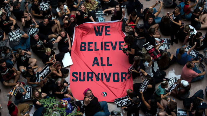 A #MeToo protest against Supreme Court nominee Judge Brett Kavanaugh in the atrium of the Hart Senate Office Building on Capitol Hill on October 4, 2018