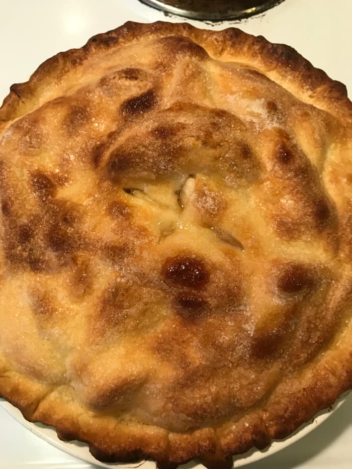 Perfectly browned pastry - but don't cut it! Let it cool completely, otherwise the juices will all run all over and the pie will look like it's been hacked with a saw. Trust me - I have to take extreme measures, and the kids still usually get them!