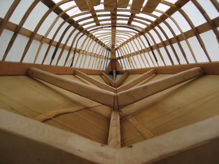 The obligatory 'cathedral' view (Inside the Hooper Bay cargo kayak, showing various rib materials and options)