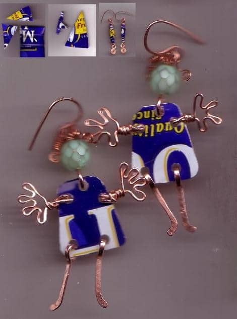 Imagine my surprise when I found out artisans in Africa use coffee cans in their work as well. I created this pair of "Wild Woman" earrings when I was inspired by a recycled metal pair from Ghana that I found in an African art gallery.
