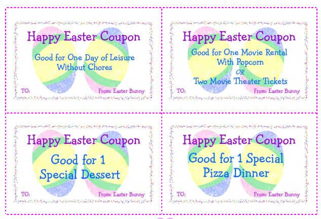 Printable Easter Coupons for baskets or to fill plastic eggs and greeting cards