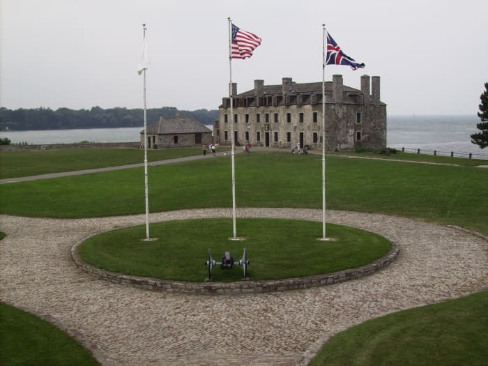 The Niagara River, into which the head was thrown, as it flows into Lake Ontario next to where the Fort stands.