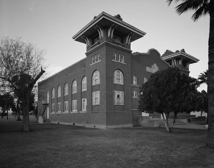 Front of Memorial Hall at the Phoenix Indian School, located at 300 E. Indian School Road in Phoenix, Arizona, United States. Built in 1922, the hall and other buildings at the school compose the Phoenix Indian School Historic District, which is list