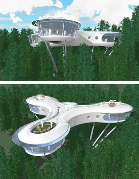 The Syberite tree house project blends modular design with low-impact living. Layouts are allowed to conform to the natural landscapes around them to take maximum advantage of views and natural light without disturbing the local environment.