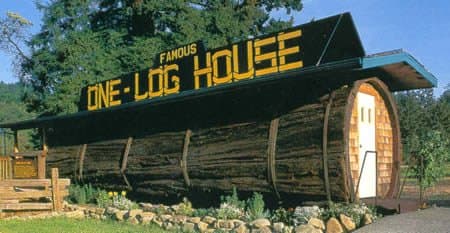 The One Log House, in Garberville (California, USA). It is a one-bedroom house hollowed out from a single log that came from a 2,100-year old redwood tree. After felling this 13 foot diameter forest giant, Art Schmock and a helper needed 8 months of