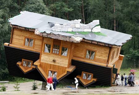 The Upside-Down House, in Szymbark (Poland). The house was created by Daniel Czapiewski to describe the former communist era and the present times in which we live.