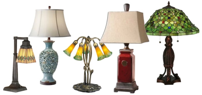 L to R: Meyda Tiffany Martini Mission Desk Lamp, Murray Feiss Antica Ceramica in Persian Turqouise, Meyda Tiffany Pond Lily 5 Lt Lamp, Uttermost Reggie Red Table Lamp, and Meyda Tiffany Diamond & Jewel Table Lamp. Click "info" icon to learn more.