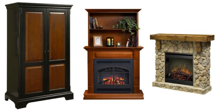 Left to right: Bridgeport Computer Armoire by Riverside Furniture, GreatCo Rio Grande Series Mantel 34 In. Electric Fireplace/Bookcase, and Dimplex SMP-904-ST Fieldstone Pine and Stone-look Electric Fireplace Mantel. Click info icon to learn more.
