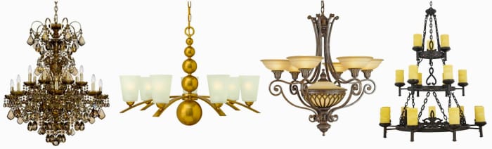 Chandeliers L to R: New Orleans 14-Light Crystal, Zelda Contemporary in Vintage Brass, Murray Feiss Stirling Castle, La Parra Tiered Spanish Gothic. Most available in different sizes, finishes, and colors.