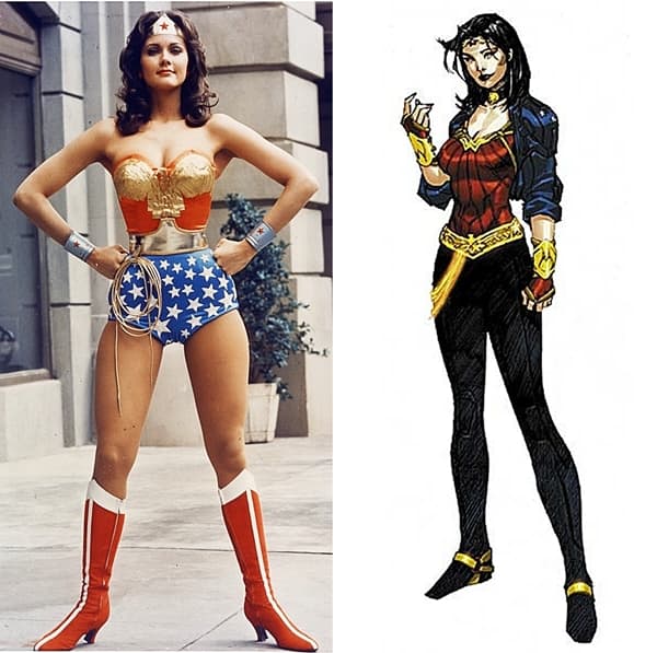 Left: Linda Carter's Wonder Woman costume designed by Donfeld - Right: New Wonder Woman costumer designed by Jim Lee - New Wonder Woman Adrianne Palicki New Wonder Woman Costume