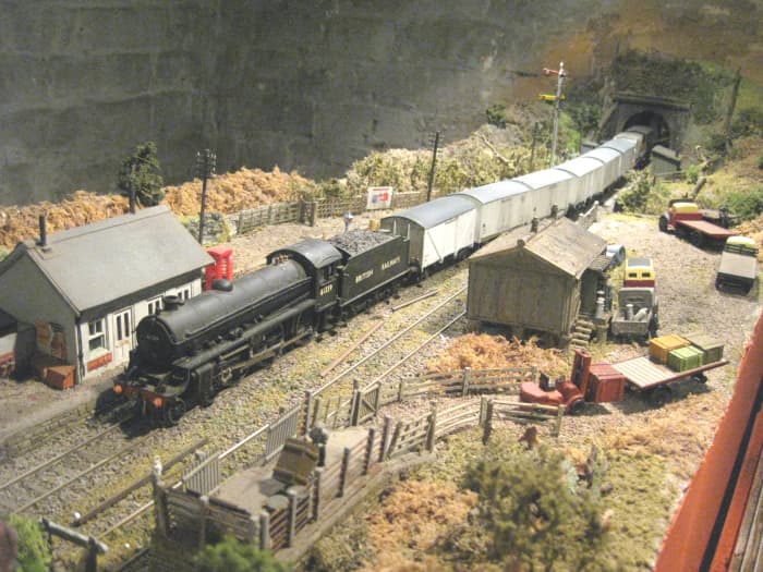 Class B1 in model form, this is my modified Bachmann, number 61339 with a train of fish vans. In the early 50's - the era the layout is based in - the real loco was allocated to 50B Leeds Neville Hill (North Eastern Region BR)