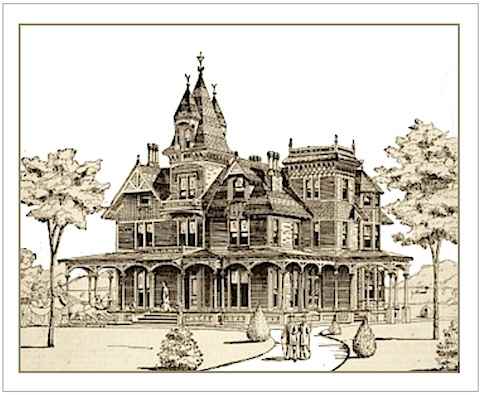 1879 illustration of a Victorian house showing Energy Efficient Porches, Balconies, and Orientation with strategically planted trees.