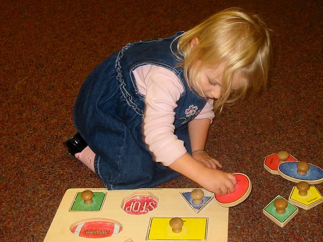 Child playing with shape puzzle with knobs. Large pieces and good contrast with colored pieces and light colored background.