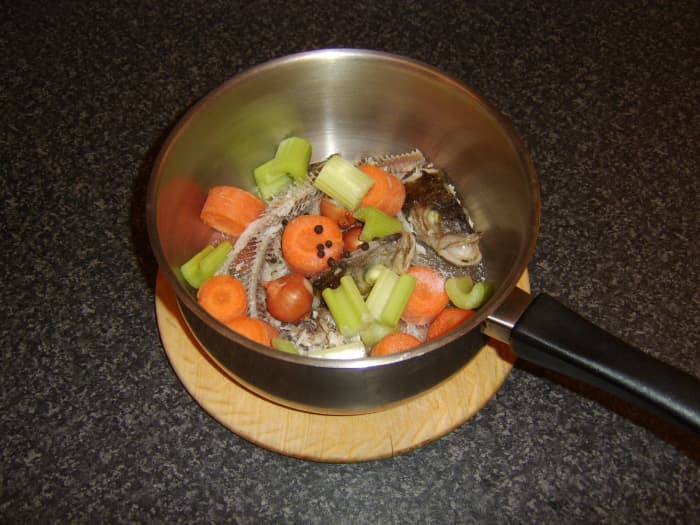 Fish heads, bones and a variety of common vegetables and seasonings combine superbly with water to make a wonderful fish stock