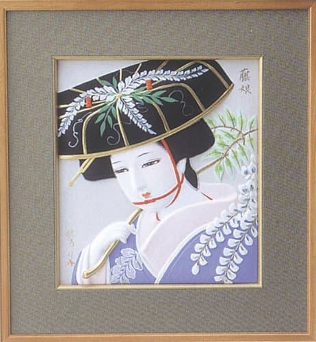 Japanese Hakata Doll (Gaku) Fuji Musume is the "Wisteria Maiden". The wide hat and pretty colors are appropriate for a Maiko.