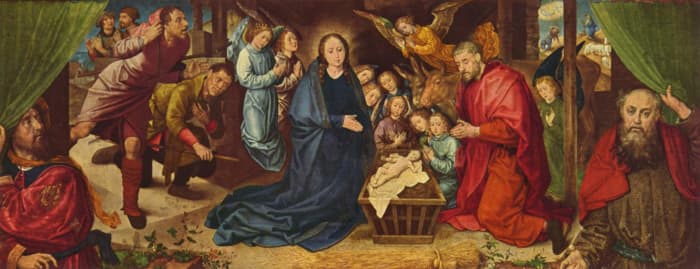 A medieval German painting of a nativity scene, thought to borrow elements from the medieval drama known as the "Shepherd's Play."