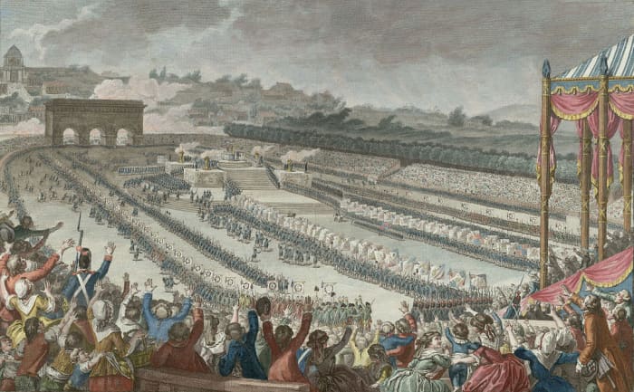 The Fête de la Fédération, held in the Champ de Mars, in July 14, 1790. Woodcut by Helman, from a picture by C. Monet, Painter of the King.