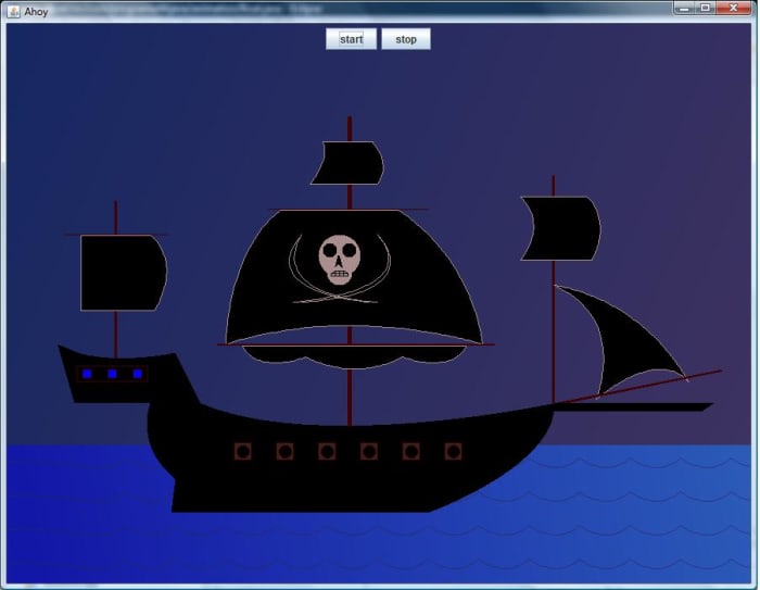 The assignment was to animate our own original Car Drawings. Just for fun and for a challenge, I designed and animated this Pirate Boat instead. *Note that this was only the 2nd Drawing I ever did in Java, so I know it is a little crude