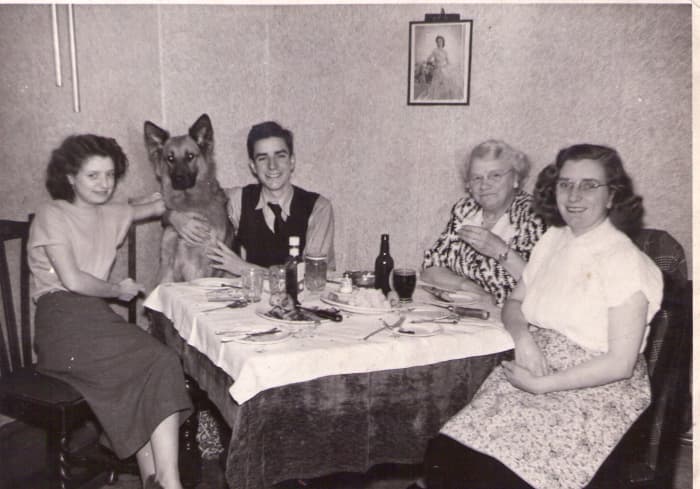 My Dad and his German Shepherd, Flash - quite at home at the tea table! Flash was named by my Dad, aged 11, for the popular film character Flash Gordon.