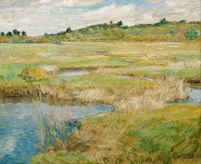 The Concord Meadow (c. 1891) by Childe Hassam pastel and gouache on canvas; 45.72 × 56.21 cm (18 × 22.1 in)