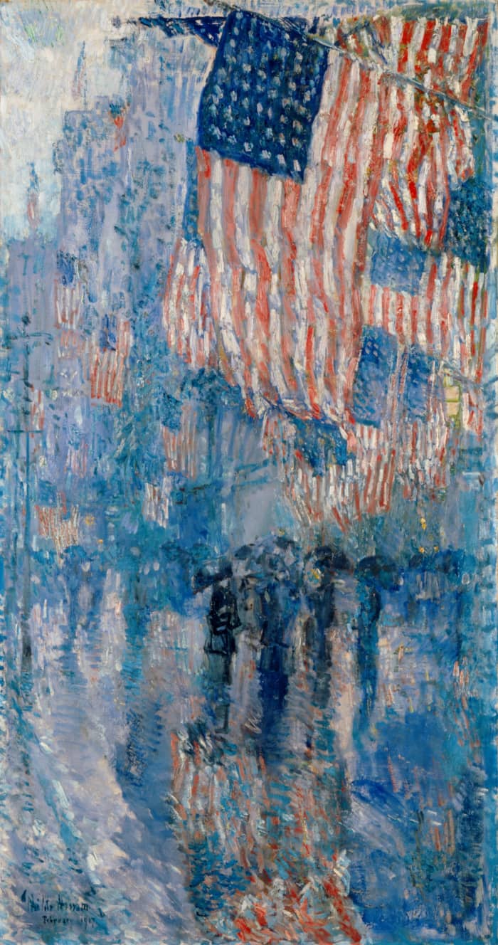"The Avenue in the Rain," by the American painter Childe Hassam. oil on canvas, 42 in. x 22.25 in. Courtesy of The White House Collection, The White House, Washington, D. C.