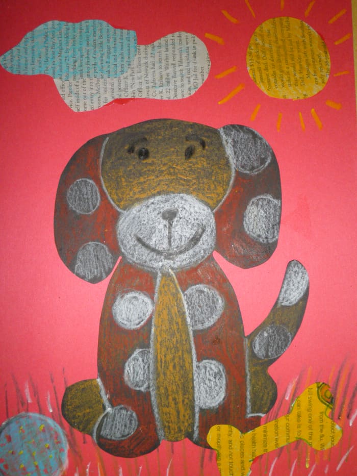 A simple dog that even a child can draw - finished with oil pastels on drawing paper and glued to a piece of construction paper Mixed media (newspaper) was added for bowls, suns, clouds. bones, doghouses, etc.