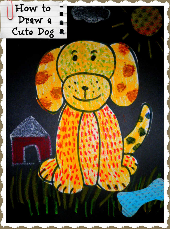 A simple dog that even a child can draw - finished with oil pastels on drawing paper and glued to a piece of construction paper