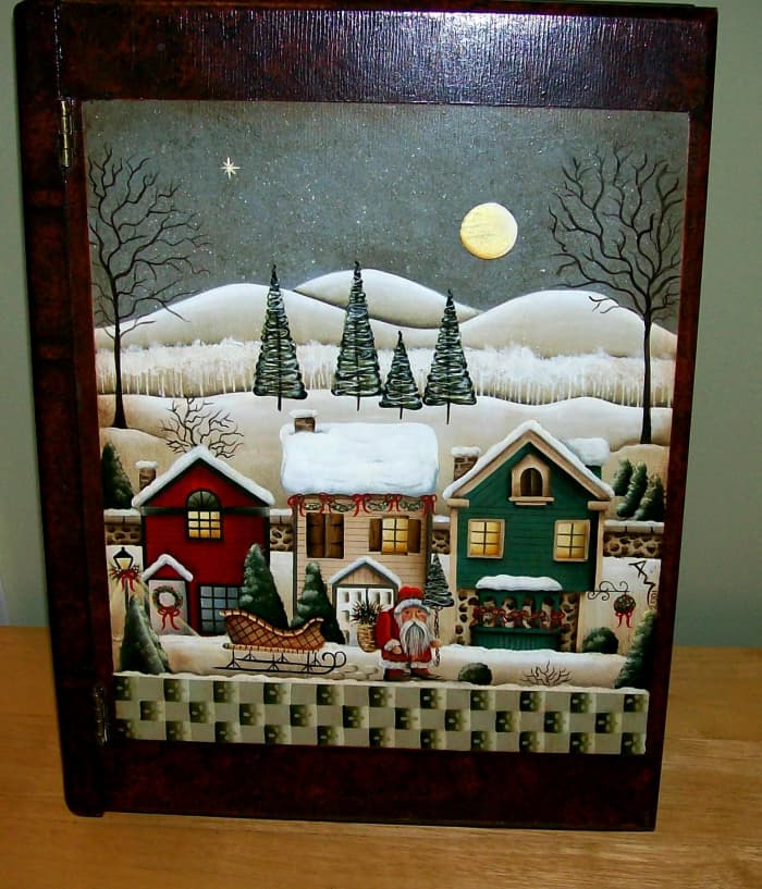 Mock Christmas book ~ holiday storage box painted by Patty Sypek/design by Betty Caithness