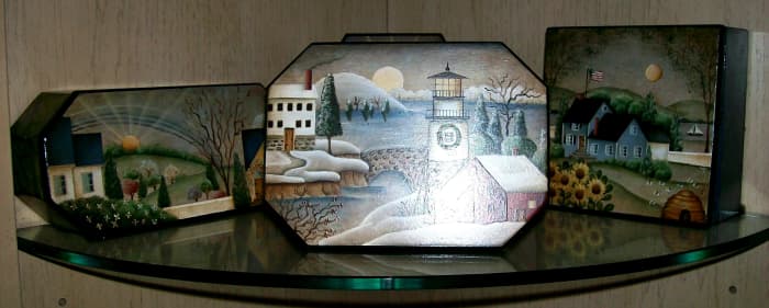 Multi-purpose storage boxes painted by Patty Sypek/designs Betty Caithness
