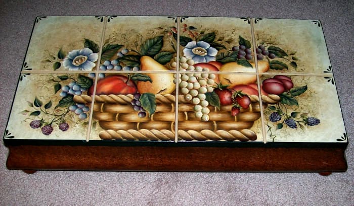 Decorative art on wood, cut to look like ceramic tiles ~ painted by Patty Sypek/design by Betty Caithness