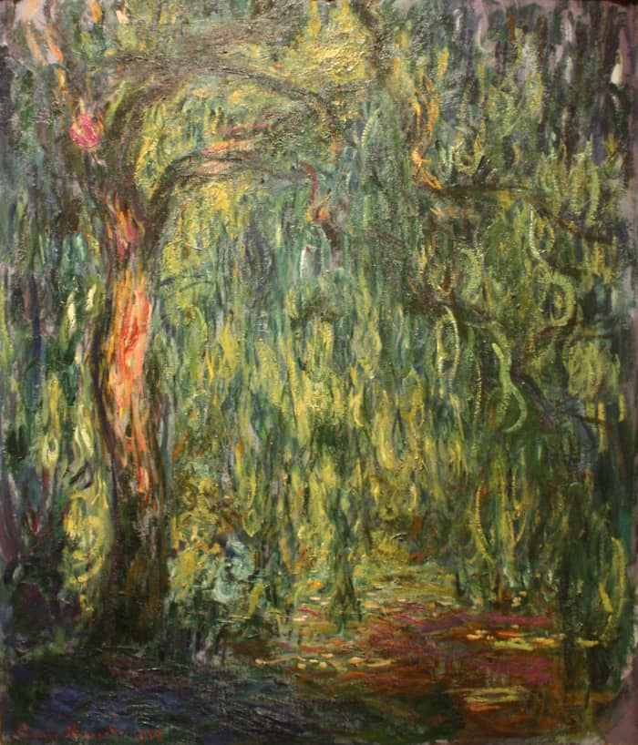 A willow tree at the edge of Monet's water lilly pond. Completed in 1918. The medium used is oil on canvas.