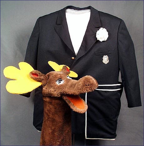 Mr. Moose at the Smithsonian Institution with one of the Captain's original jackets. In the 1980s, the jacket was a red one and in the late 1960s, the Captain wore jackets made of paper to show viewers a new cloth invented with paper.