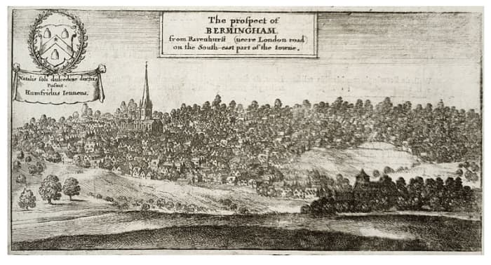 Birmingham, as it was during the time of the Civil War. The Church of St. Martin, which dominates the landscape still stands today, and remains at the heart of the city.