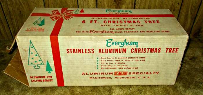 Has the original instruction sheet and a store advertising hang card, as it was used as a floor display. That is probably the only time this beautiful Silver Aluminum Christmas Tree was ever used.