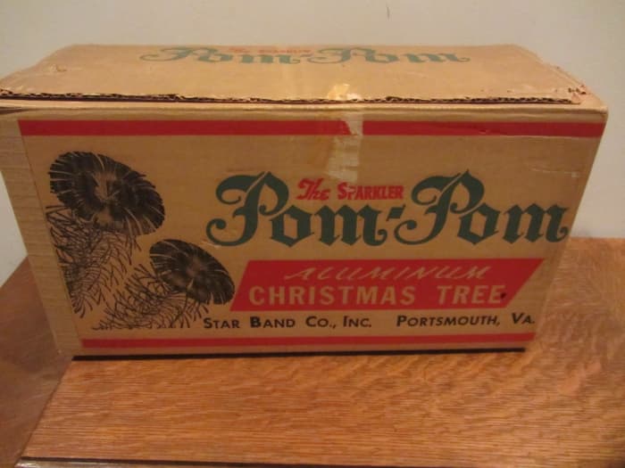 The 1960 Sparkler Pom Pom Christmas Tree Box. Tree number M452 it is four feet high when put to gather. Made in 1960 by the Star Band Company in Portsmouth Virgina ...