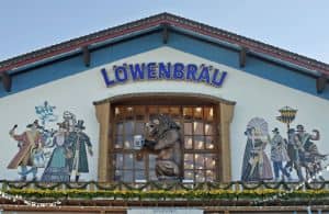 Lowenbrau Beer Tent where I hung out at the Oktoberfest. Great beer. Above the entrance is the mighty lion which roars "Loooooenbrau" every few minutes.
