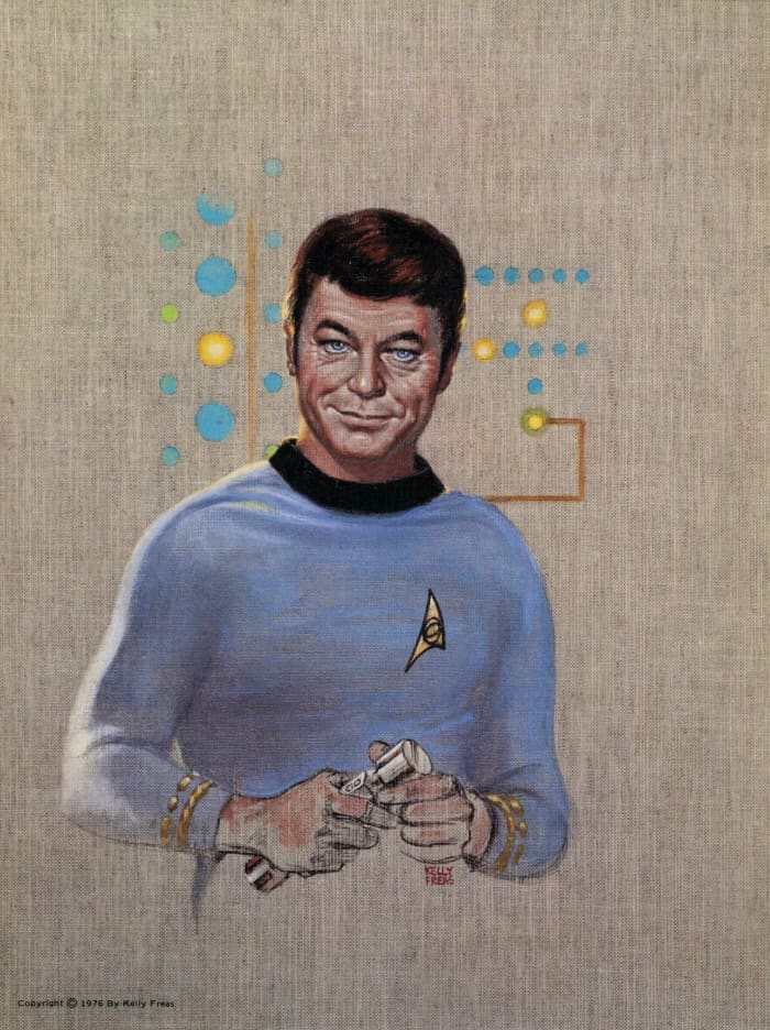 Here is a wonderful masterpiece by Kelly Freas of Dr. Leonard McCoy, "Bones" done in the year 1976 for a Star Trek Convention.