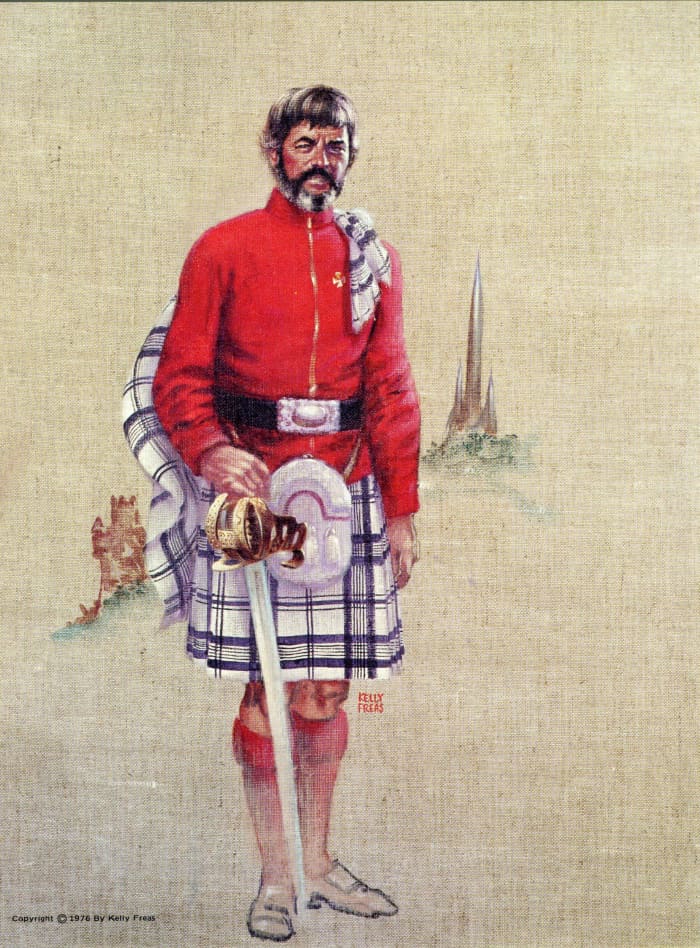 Kelly Freas renditions of Chief Engineer of the Enterprise, Montgomery Scott "Scotty" has him in a kilt and Scottish dress.
