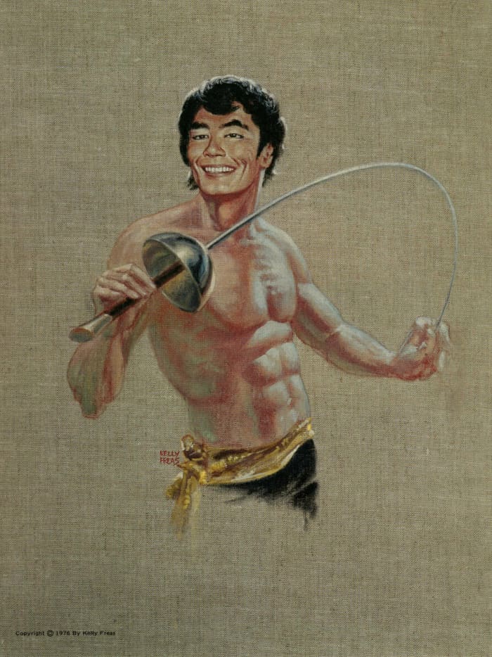 Hikaru Sulu the science division office on the bridge of the Star Ship Enterprise doing some Sward Play in this Masterpiece by Kelly Freas