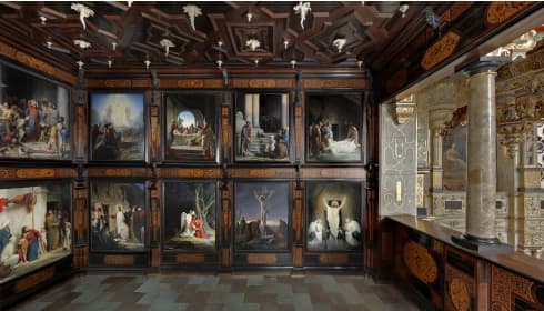 This is a photo of 8 of Bloch's paintings hanging in the BYU Museum of Art during the Exhibit "Sacred Gifts."