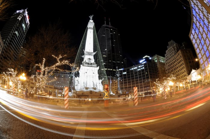 The Soldiers and Sailors monument in Monument Circle, photographed during the holiday season with a fish eye lens.