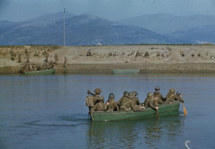Royal Engineers cross the River Garigliano in the early stages of the First Battle