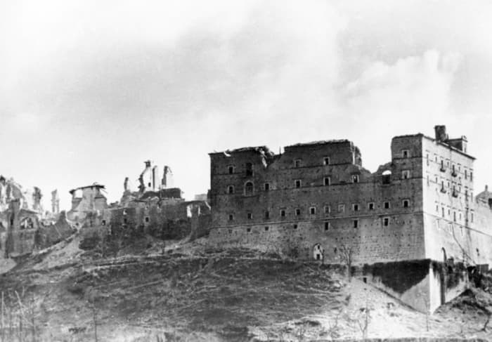 The ruined abbey after the bombers had gone over, providing ample propaganda for the Nazis