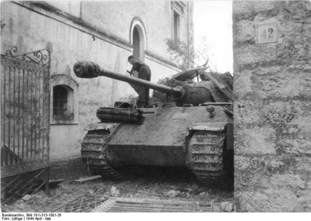 German Panzer V awaits action in Cassino - the Germans held the town near the foot of the monastery hill