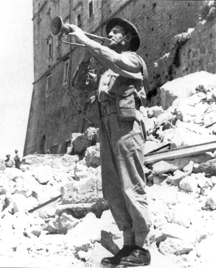 "Last post" for the fallen. Master Corporal Emil Czech of the Polish II Corps plays the 'Heynal Mariacki' in the ruins of Monte Cassino abbey