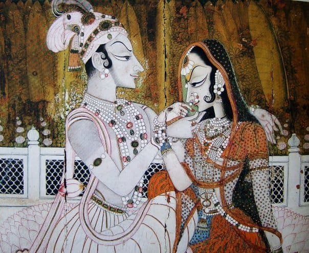 Raja Savant Singh and Bani Thani. 1780. Courtesy Spink and Sons Ltd. London. Kishengarh miniature painting, characterized by exaggerated profiles. Both with traditional Mughal-Rajput-style ornaments consisting of pearls, emeralds and rubies.