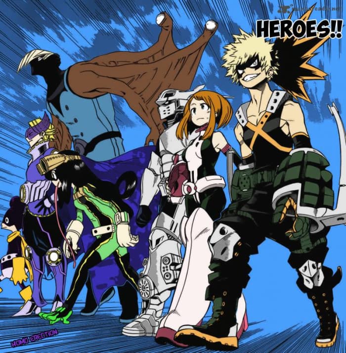 From left to right: Minoru Mineta, Yuuga Aoyama, Mezou Shouji, Tsuyu Asui, Tenya Iida, Ochaka Uraraka and Katsuki Bakugou.