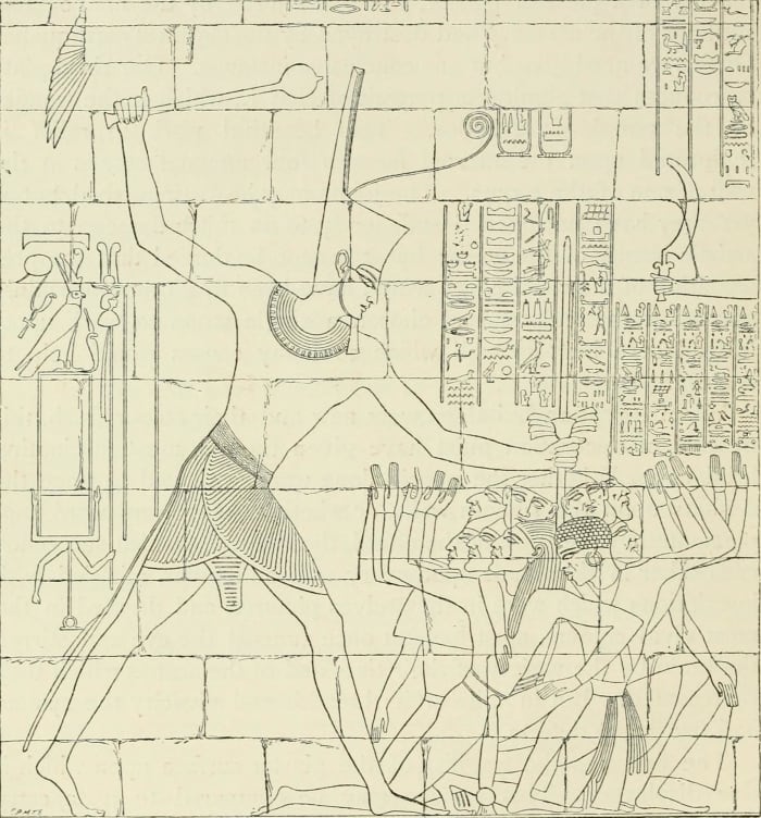 Seti I, striking prisoners of war with a mace. Karnak, Thebes