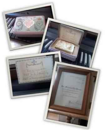 The three top photos show Colin's uneaten royal wedding cake with accompanying card. The bottom photo is of the certificate awarded to Colin with his Royal Victorian Medal.